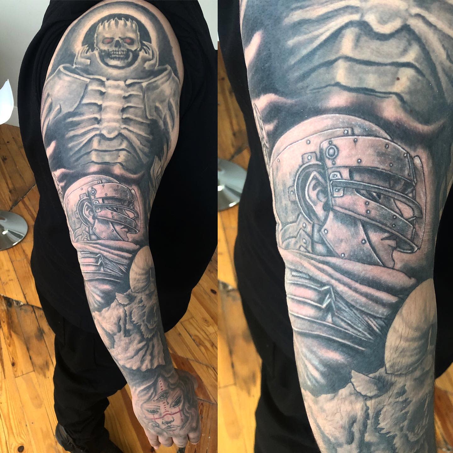 Full sleeve tattoo featuring the Skull Knight and Guts from Berserk, with detailed shading and a dark, atmospheric background
